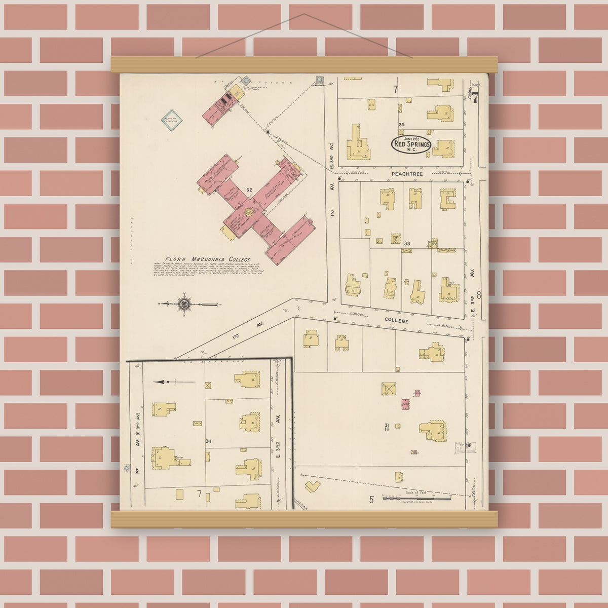 Old map wall art mockup — magnetic wood frame on brick wall — Sanborn Fire Insurance Map from Red Springs, Robeson County, North Carolina (1922), Sheet #0007