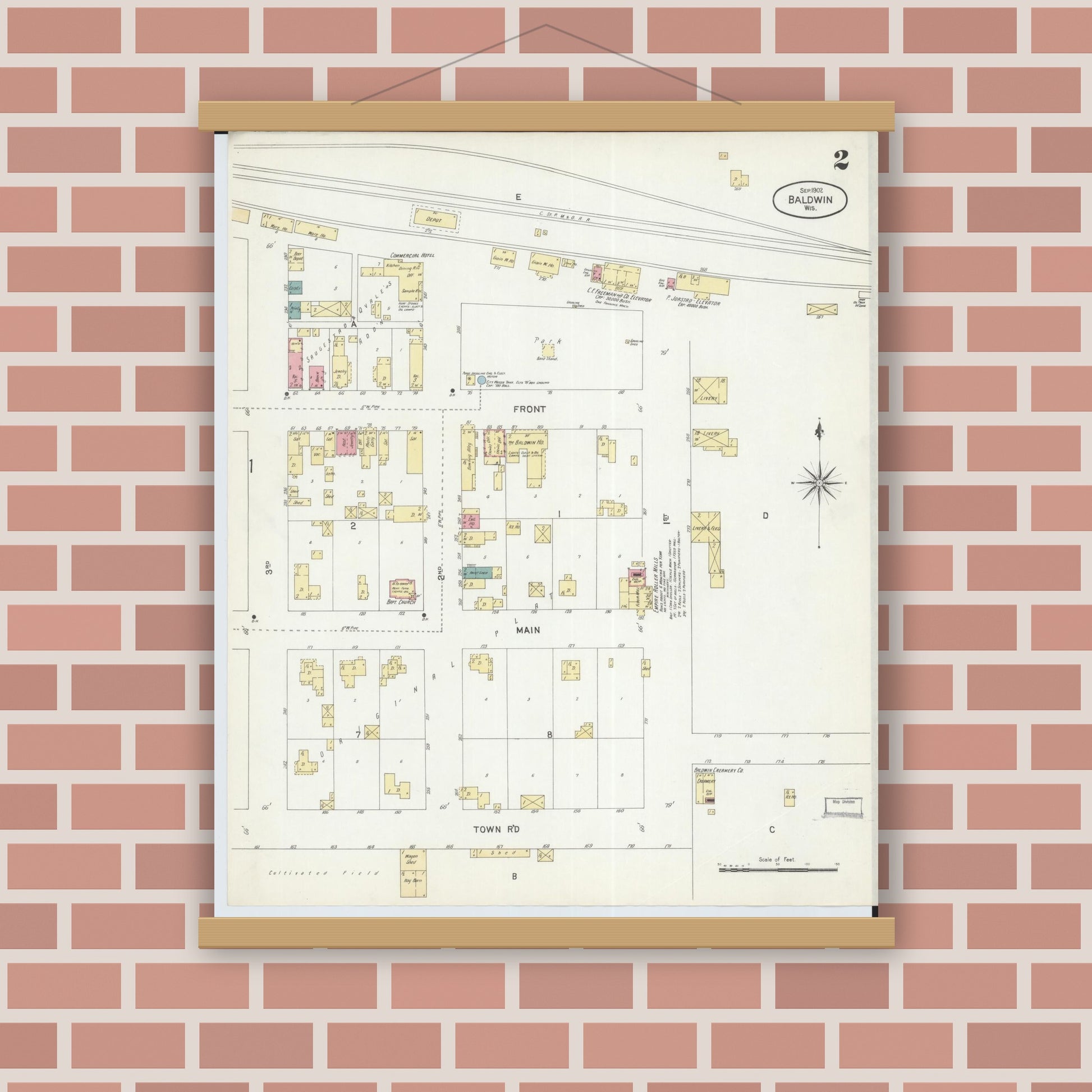 Old map wall art mockup — magnetic wood frame on brick wall — Sanborn Fire Insurance Map from Baldwin, St. Croix County, Wisconsin (1902) - Complete Map Set