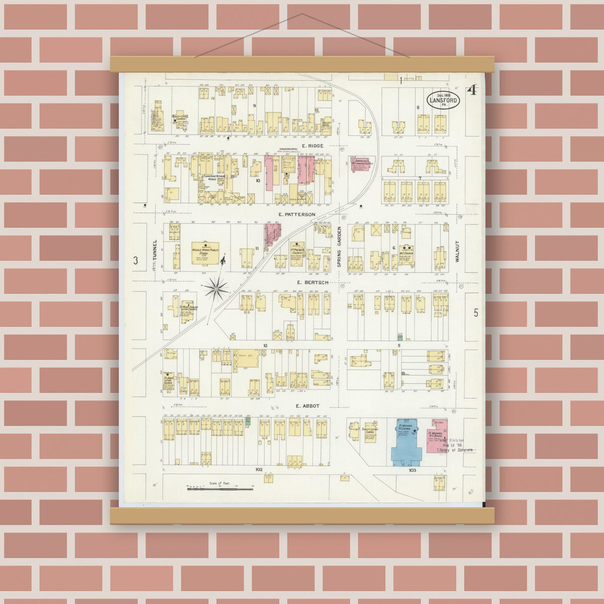 Old map wall art mockup — magnetic wood frame on brick wall — Sanborn Fire Insurance Map from Lansford, Carbon County, Pennsylvania (1908), Sheet #0004