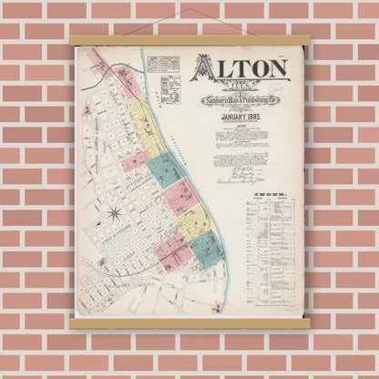 Old map wall art mockup — magnetic wood frame on brick wall — Sanborn Fire Insurance Map from Alton, Madison County, Illinois (1885) - Complete Map Set