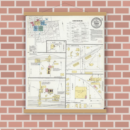 Old map wall art mockup — magnetic wood frame on brick wall — Sanborn Fire Insurance Map from Pana, Christian County, Illinois (1909), Sheet #0001