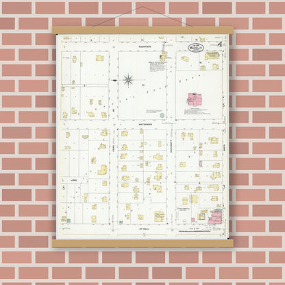 Old map wall art mockup — magnetic wood frame on brick wall — Sanborn Fire Insurance Map from Madelia, Watonwan County, Minnesota (1908), Sheet #0004