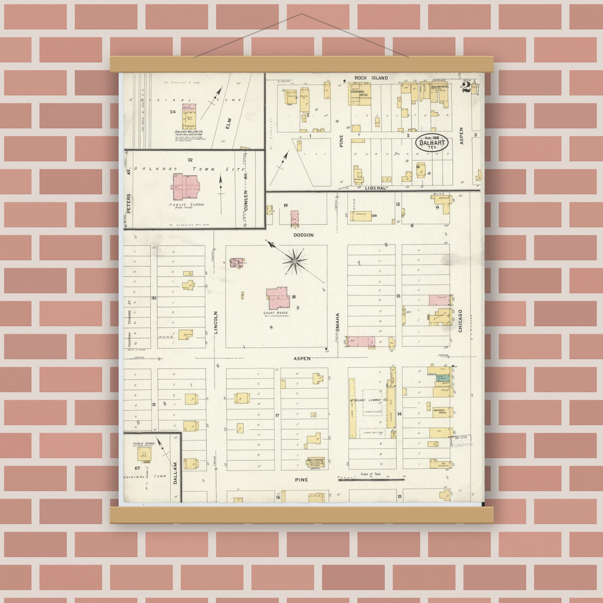 Old map wall art mockup — magnetic wood frame on brick wall — Sanborn Fire Insurance Map from Dalhart, Dallam And Hartley County, Texas (1908), Sheet #0002