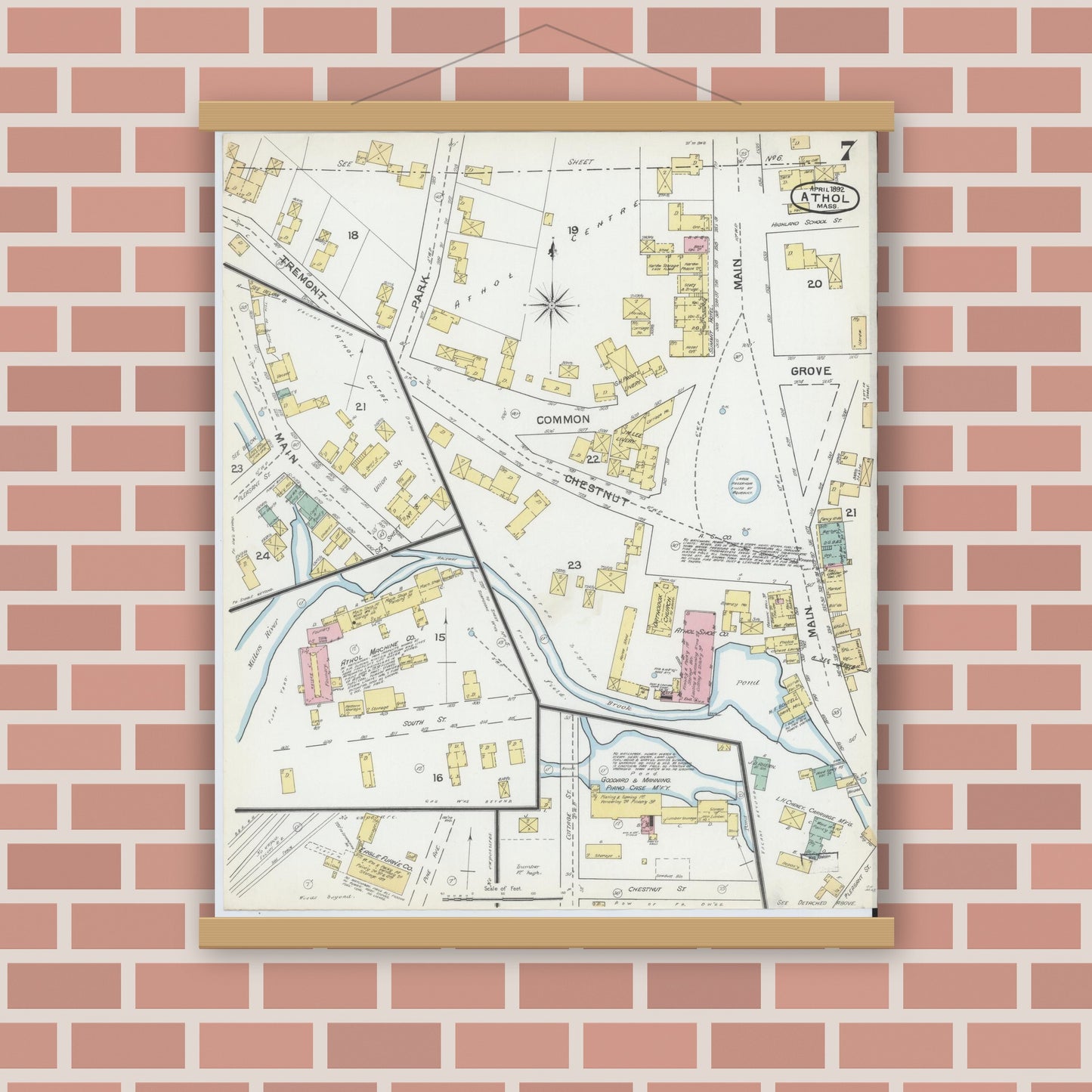 Old map wall art mockup — magnetic wood frame on brick wall — Sanborn Fire Insurance Map from Athol, Worcester County, Massachusetts (1892), Sheet #0007