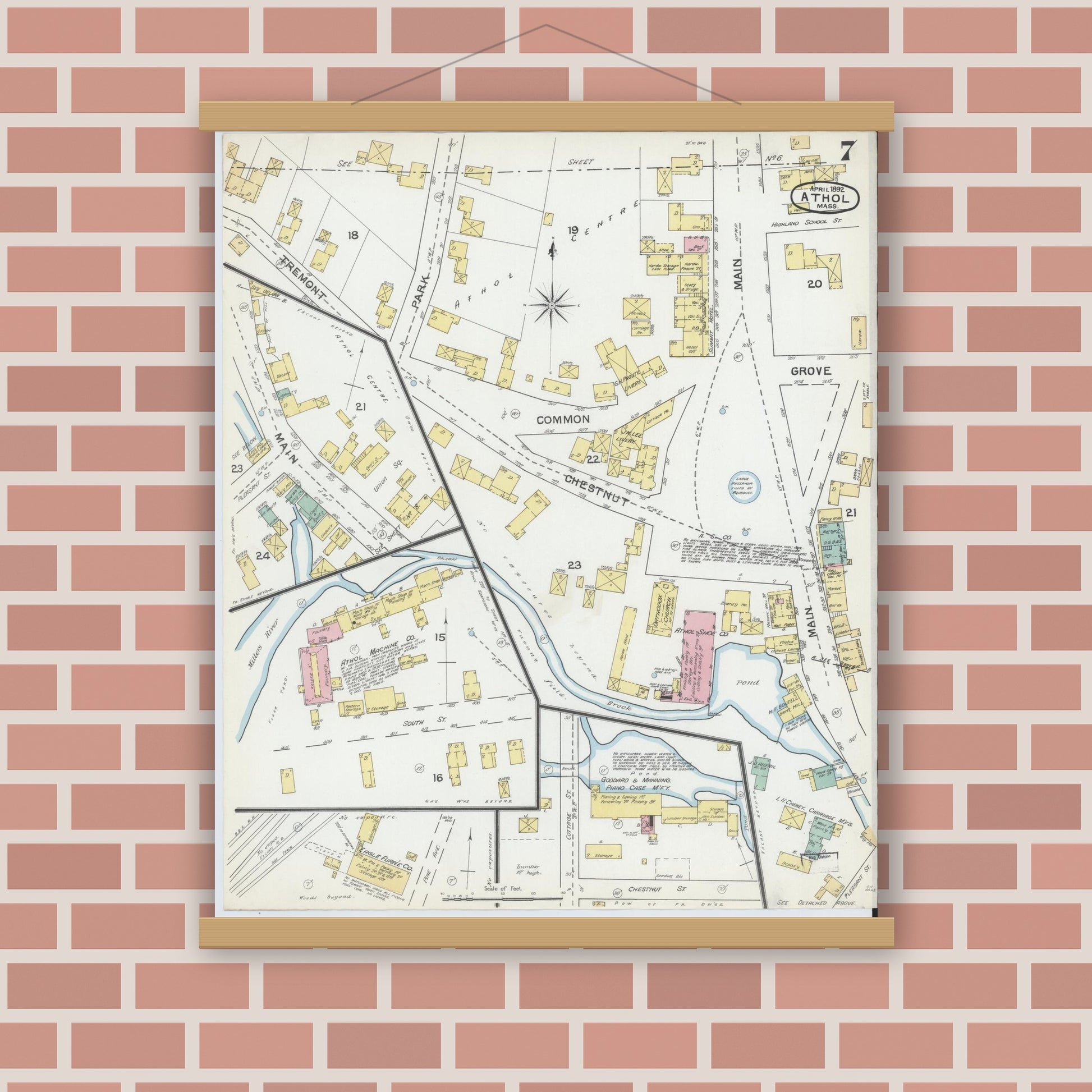 Old map wall art mockup — magnetic wood frame on brick wall — Sanborn Fire Insurance Map from Athol, Worcester County, Massachusetts (1892), Sheet #0007