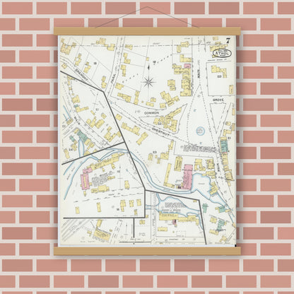 Old map wall art mockup — magnetic wood frame on brick wall — Sanborn Fire Insurance Map from Athol, Worcester County, Massachusetts (1892), Sheet #0007