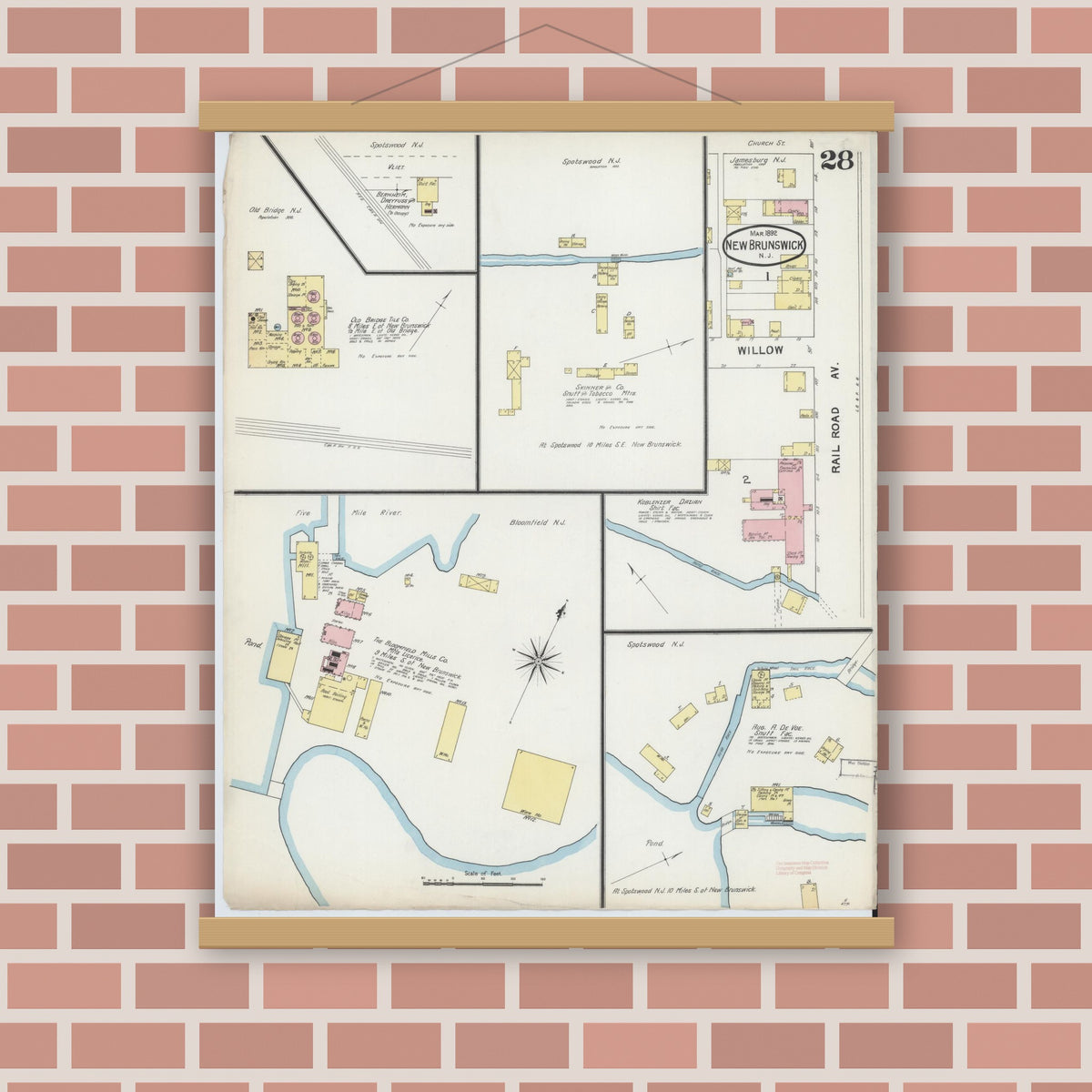 Old map wall art mockup — magnetic wood frame on brick wall — Sanborn Fire Insurance Map from New Brunswick, Middlesex County, New Jersey (1892), Sheet #0028