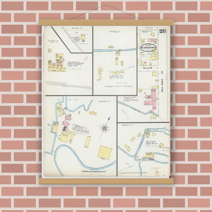 Old map wall art mockup — magnetic wood frame on brick wall — Sanborn Fire Insurance Map from New Brunswick, Middlesex County, New Jersey (1892), Sheet #0028