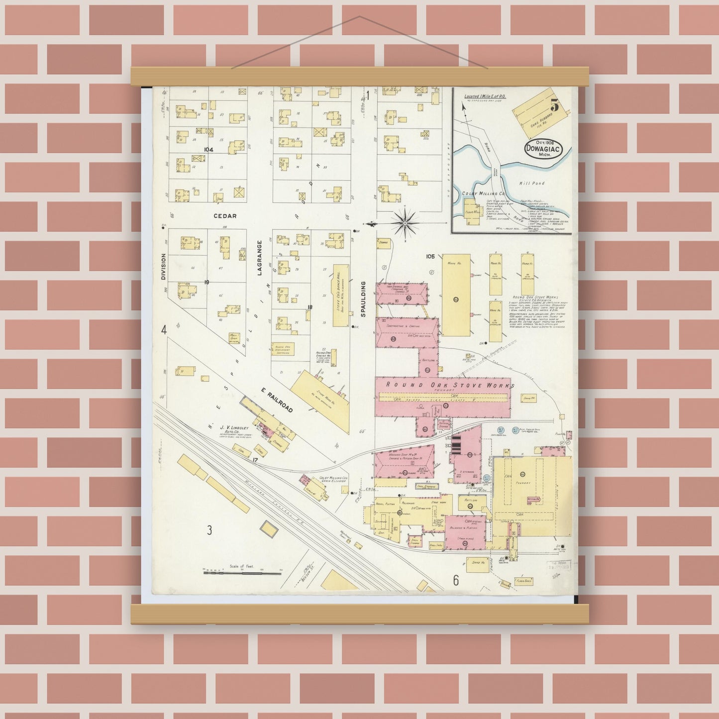 Old map wall art mockup — magnetic wood frame on brick wall — Sanborn Fire Insurance Map from Dowagiac, Cass County, Michigan (1908), Sheet #0005