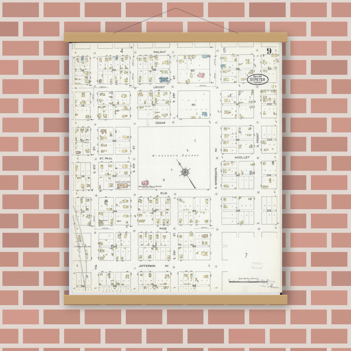 Old map wall art mockup — magnetic wood frame on brick wall — Sanborn Fire Insurance Map from Saint Peter, Nicollet County, Minnesota (1914), Sheet #0009