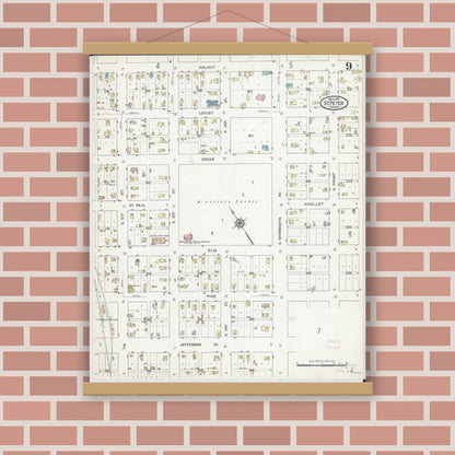 Old map wall art mockup — magnetic wood frame on brick wall — Sanborn Fire Insurance Map from Saint Peter, Nicollet County, Minnesota (1914), Sheet #0009