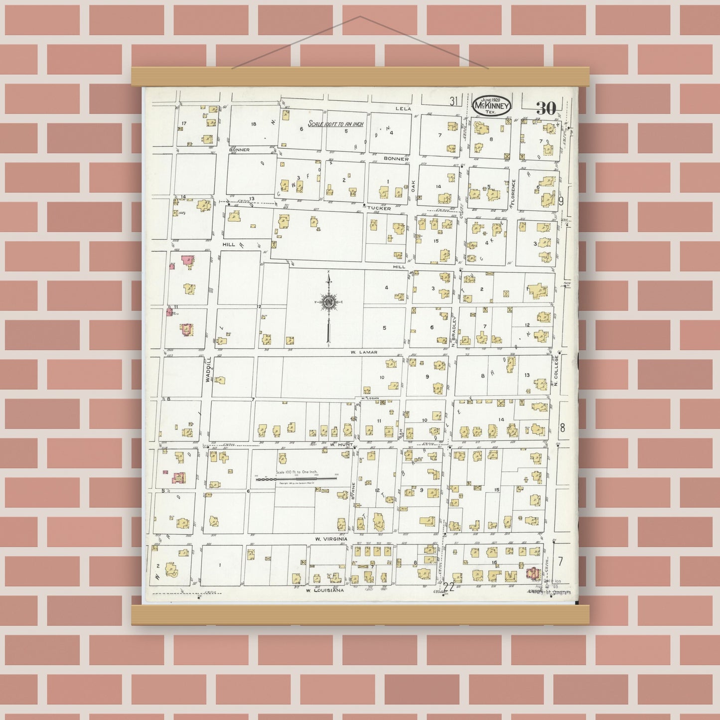 Old map wall art mockup — magnetic wood frame on brick wall — Sanborn Fire Insurance Map from McKinney, Collin County, Texas (1920), Sheet #0030