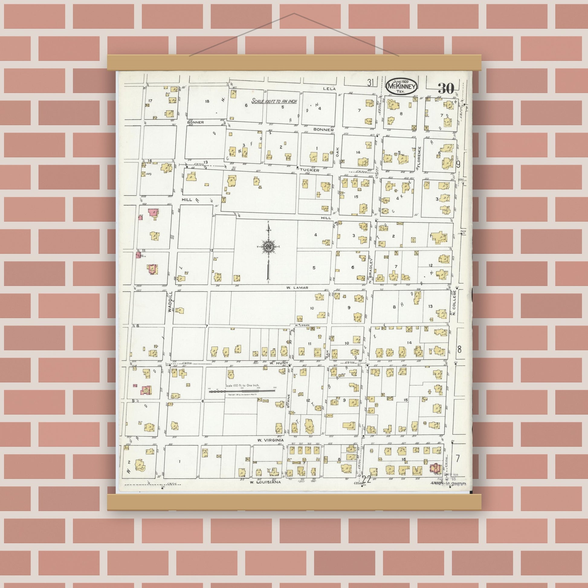 Old map wall art mockup — magnetic wood frame on brick wall — Sanborn Fire Insurance Map from McKinney, Collin County, Texas (1920), Sheet #0030