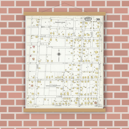 Old map wall art mockup — magnetic wood frame on brick wall — Sanborn Fire Insurance Map from McKinney, Collin County, Texas (1920), Sheet #0030