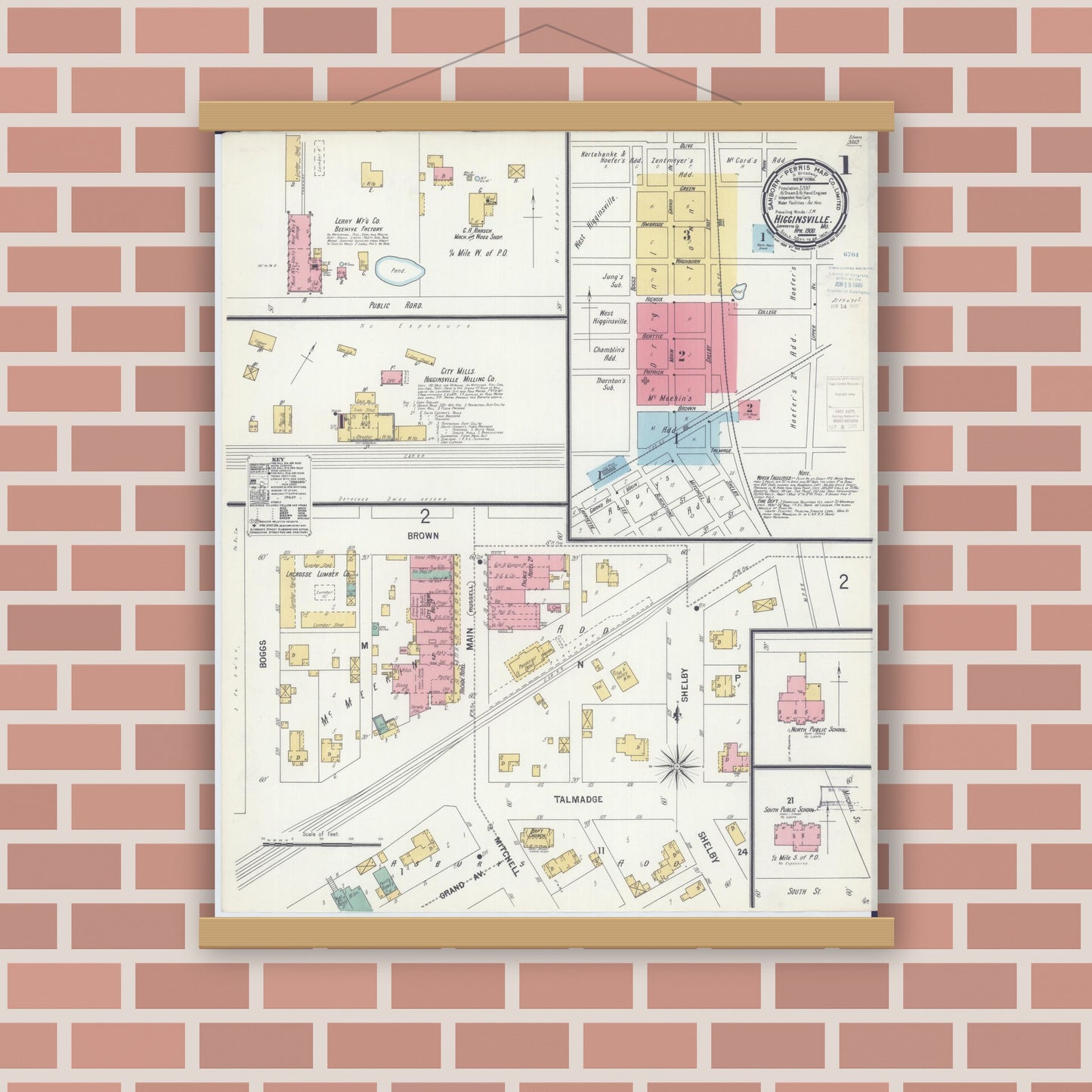 Old map wall art mockup — magnetic wood frame on brick wall — Sanborn Fire Insurance Map from Higginsville, Lafayette County, Missouri (1900), Sheet #0001