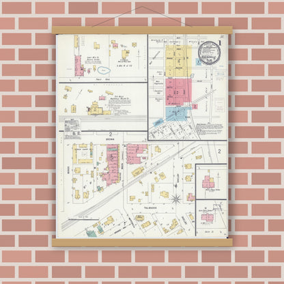 Old map wall art mockup — magnetic wood frame on brick wall — Sanborn Fire Insurance Map from Higginsville, Lafayette County, Missouri (1900), Sheet #0001