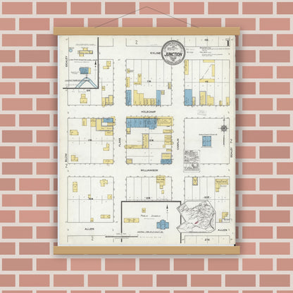 Old map wall art mockup — magnetic wood frame on brick wall — Sanborn Fire Insurance Map from Junction, Kimble County, Texas (1921), Sheet #0001