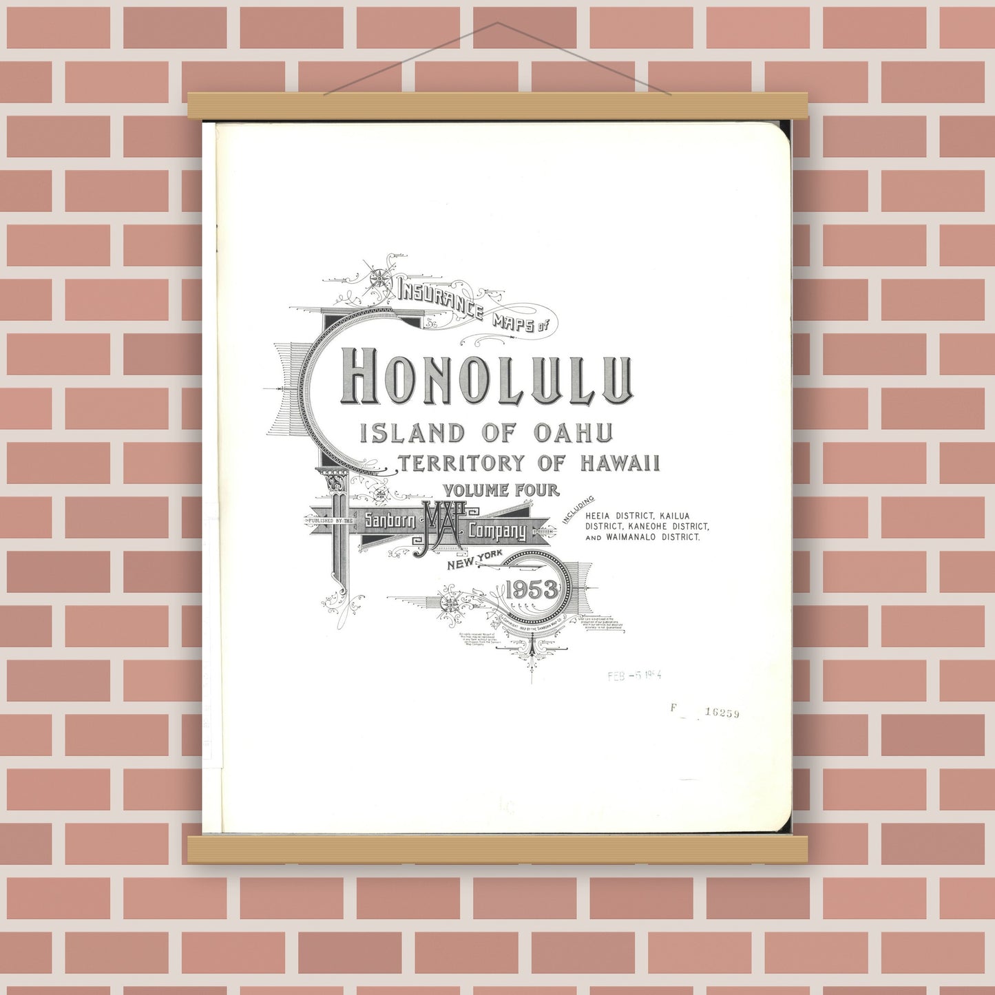 Old map wall art mockup — magnetic wood frame on brick wall — Sanborn Fire Insurance Map from Honolulu, Oahu County, Hawaii (1953), Sheet #0001