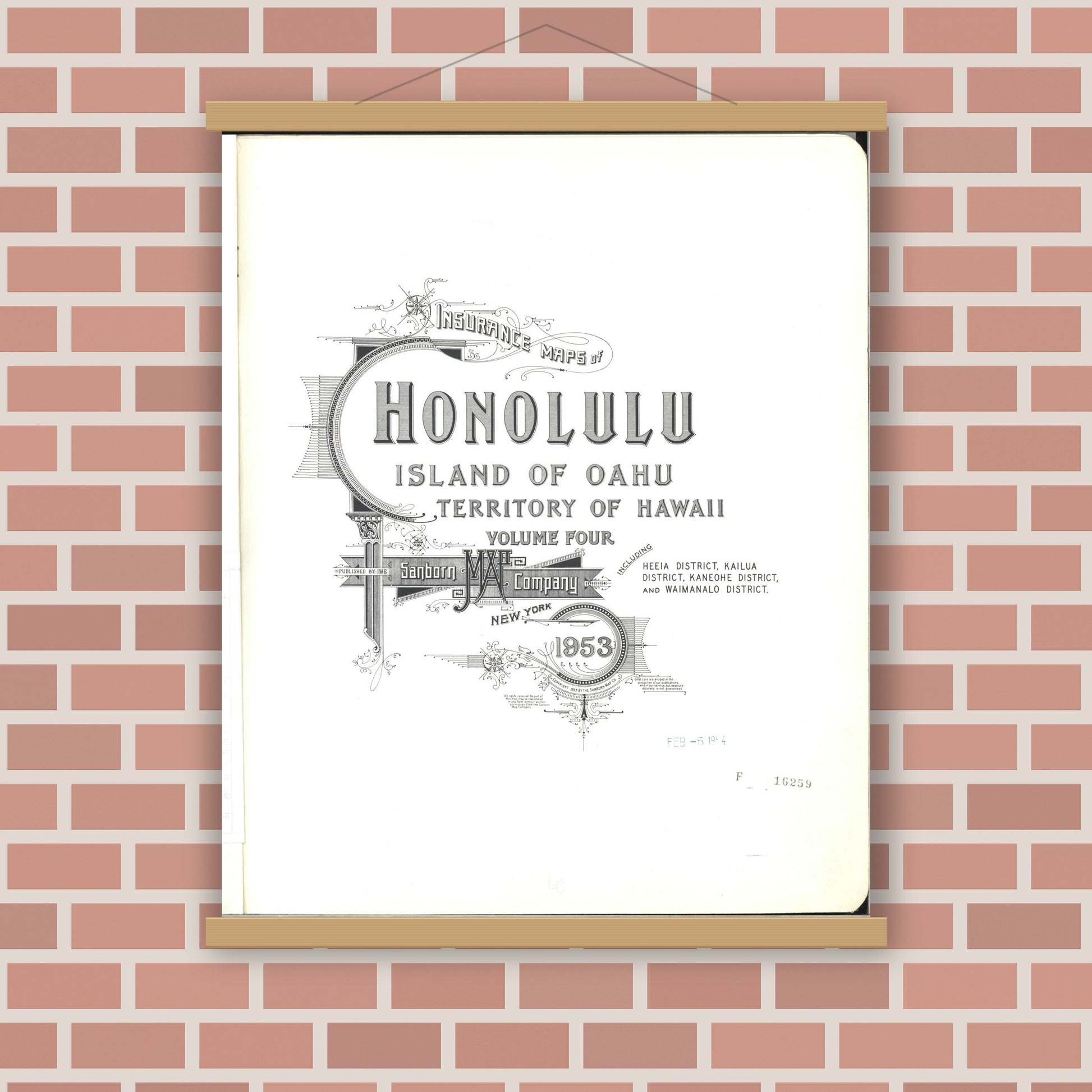 Old map wall art mockup — magnetic wood frame on brick wall — Sanborn Fire Insurance Map from Honolulu, Oahu County, Hawaii (1953), Sheet #0001