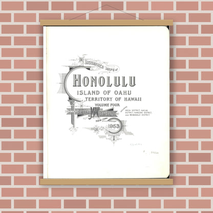 Old map wall art mockup — magnetic wood frame on brick wall — Sanborn Fire Insurance Map from Honolulu, Oahu County, Hawaii (1953), Sheet #0001