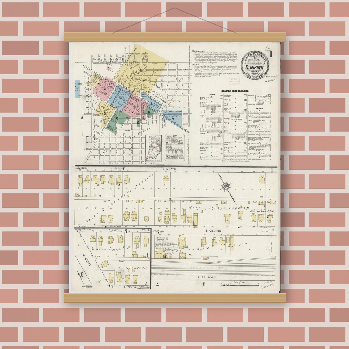 Old map wall art mockup — magnetic wood frame on brick wall — Sanborn Fire Insurance Map from Dunkirk, Jay And Blackford Counties, Indiana (1915) - Complete Map Set