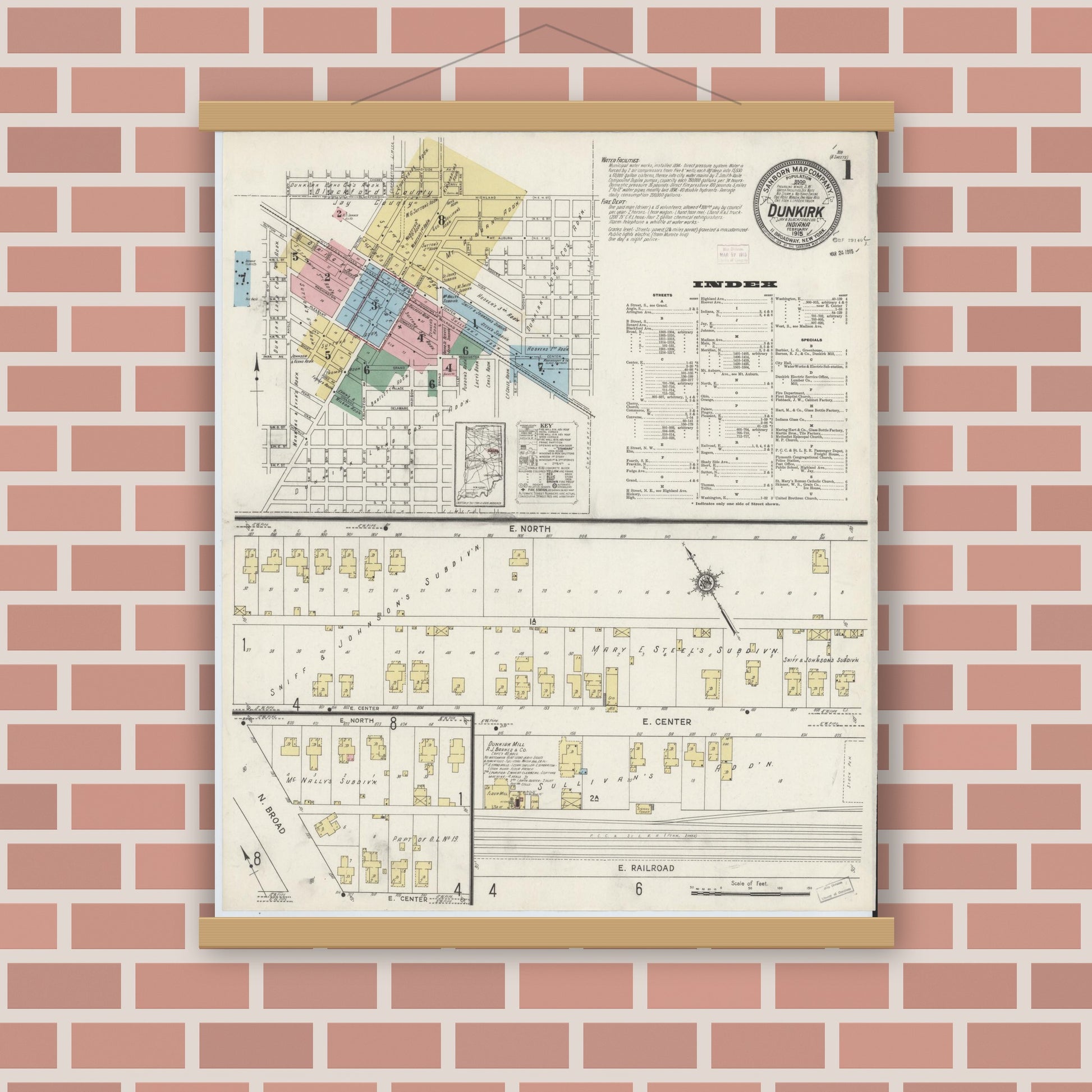 Old map wall art mockup — magnetic wood frame on brick wall — Sanborn Fire Insurance Map from Dunkirk, Jay And Blackford Counties, Indiana (1915) - Complete Map Set