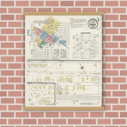 Old map wall art mockup — magnetic wood frame on brick wall — Sanborn Fire Insurance Map from Dunkirk, Jay And Blackford Counties, Indiana (1915) - Complete Map Set