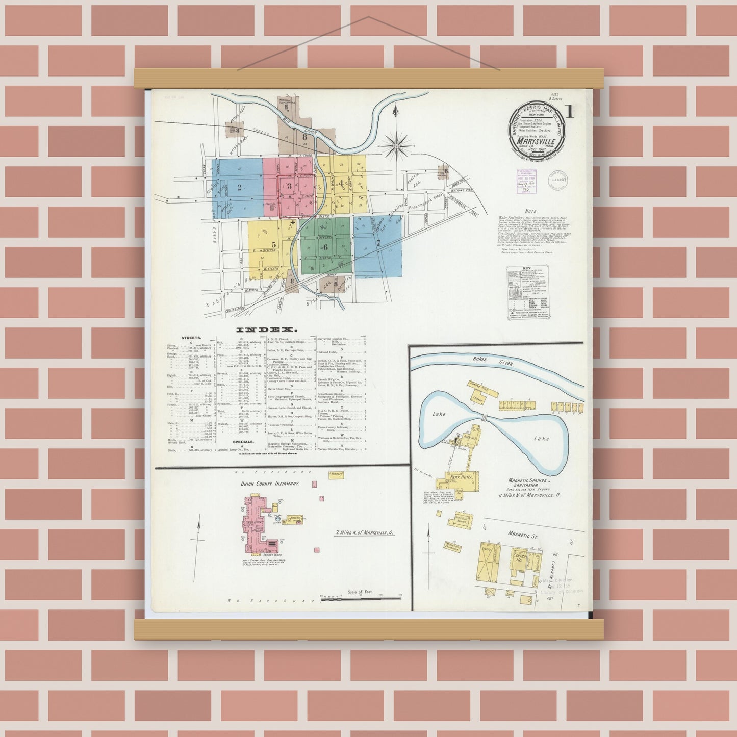 Old map wall art mockup — magnetic wood frame on brick wall — Sanborn Fire Insurance Map from Marysville, Union County, Ohio (1901), Sheet #0001