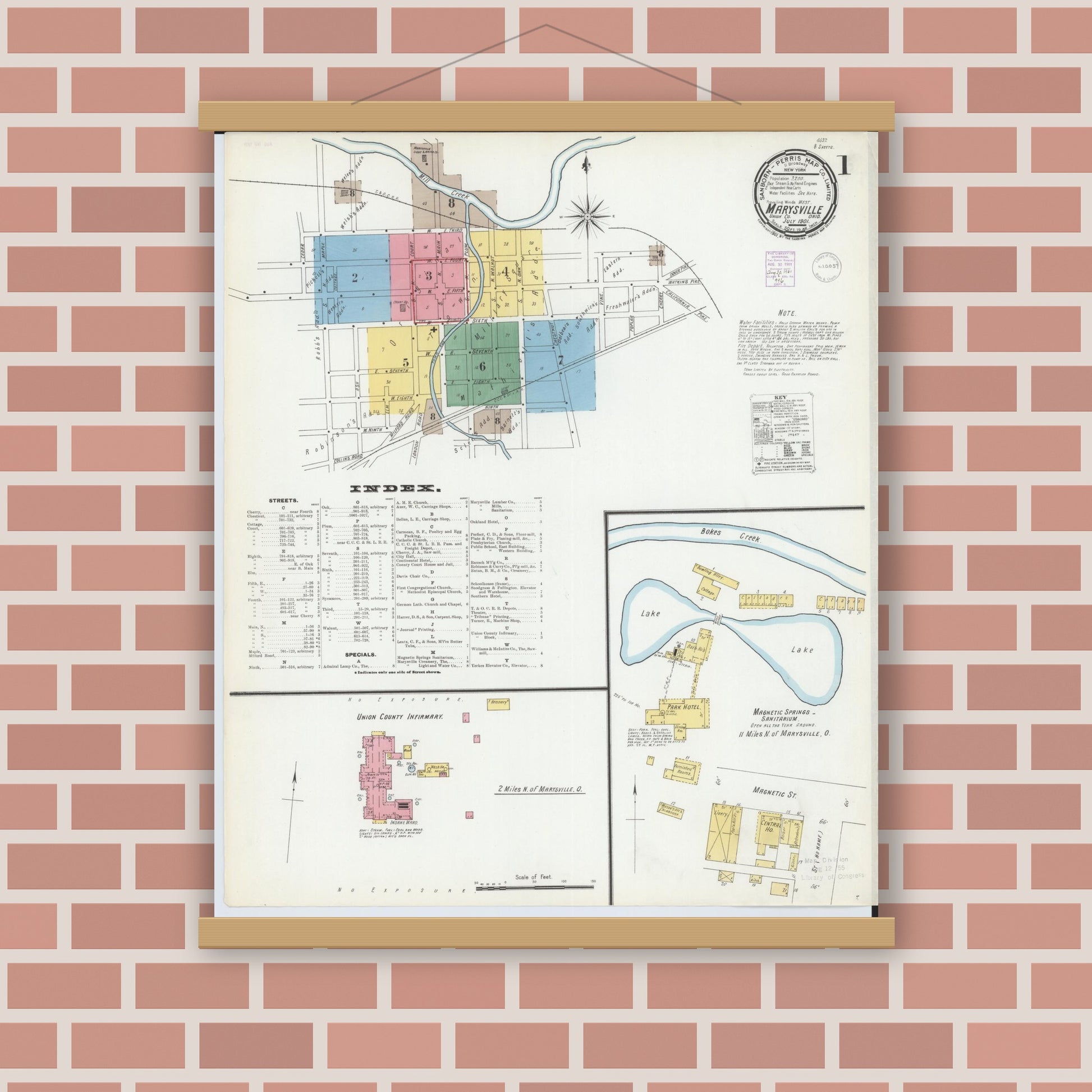 Old map wall art mockup — magnetic wood frame on brick wall — Sanborn Fire Insurance Map from Marysville, Union County, Ohio (1901), Sheet #0001