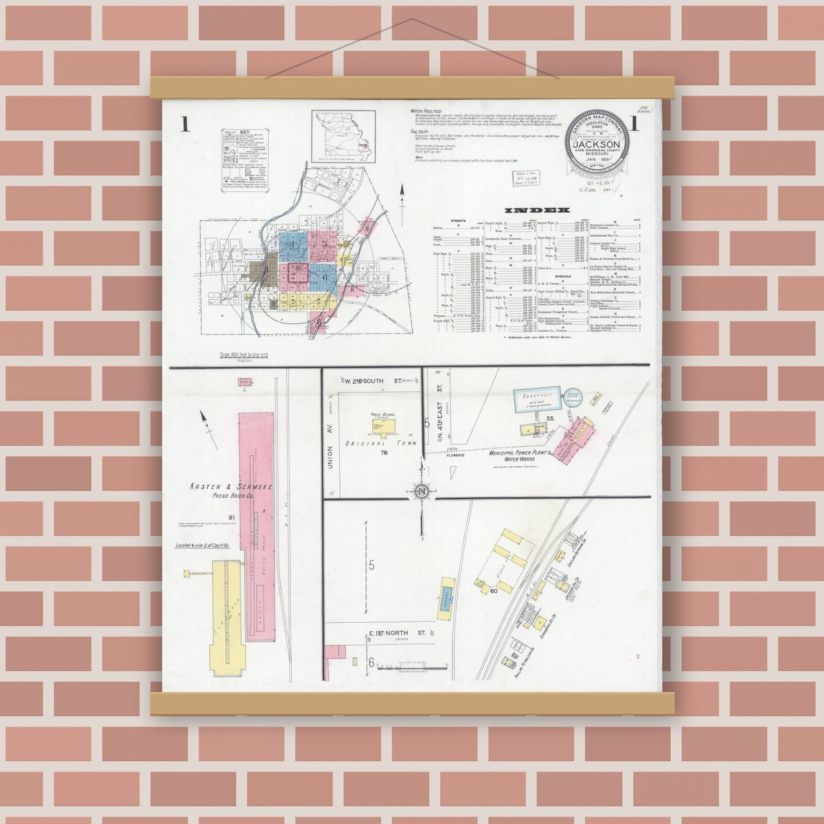 Old map wall art mockup — magnetic wood frame on brick wall — Sanborn Fire Insurance Map from Jackson, Cape Girardeau County, Missouri (1931) - Complete Map Set