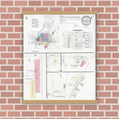 Old map wall art mockup — magnetic wood frame on brick wall — Sanborn Fire Insurance Map from Jackson, Cape Girardeau County, Missouri (1931) - Complete Map Set