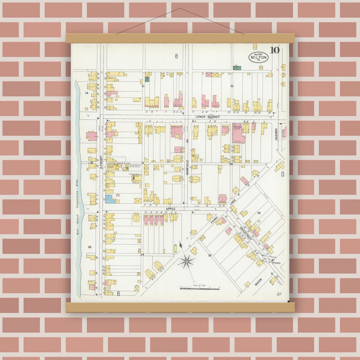 Old map wall art mockup — magnetic wood frame on brick wall — Sanborn Fire Insurance Map from Milton, Northumberland County, Pennsylvania (1901), Sheet #0010