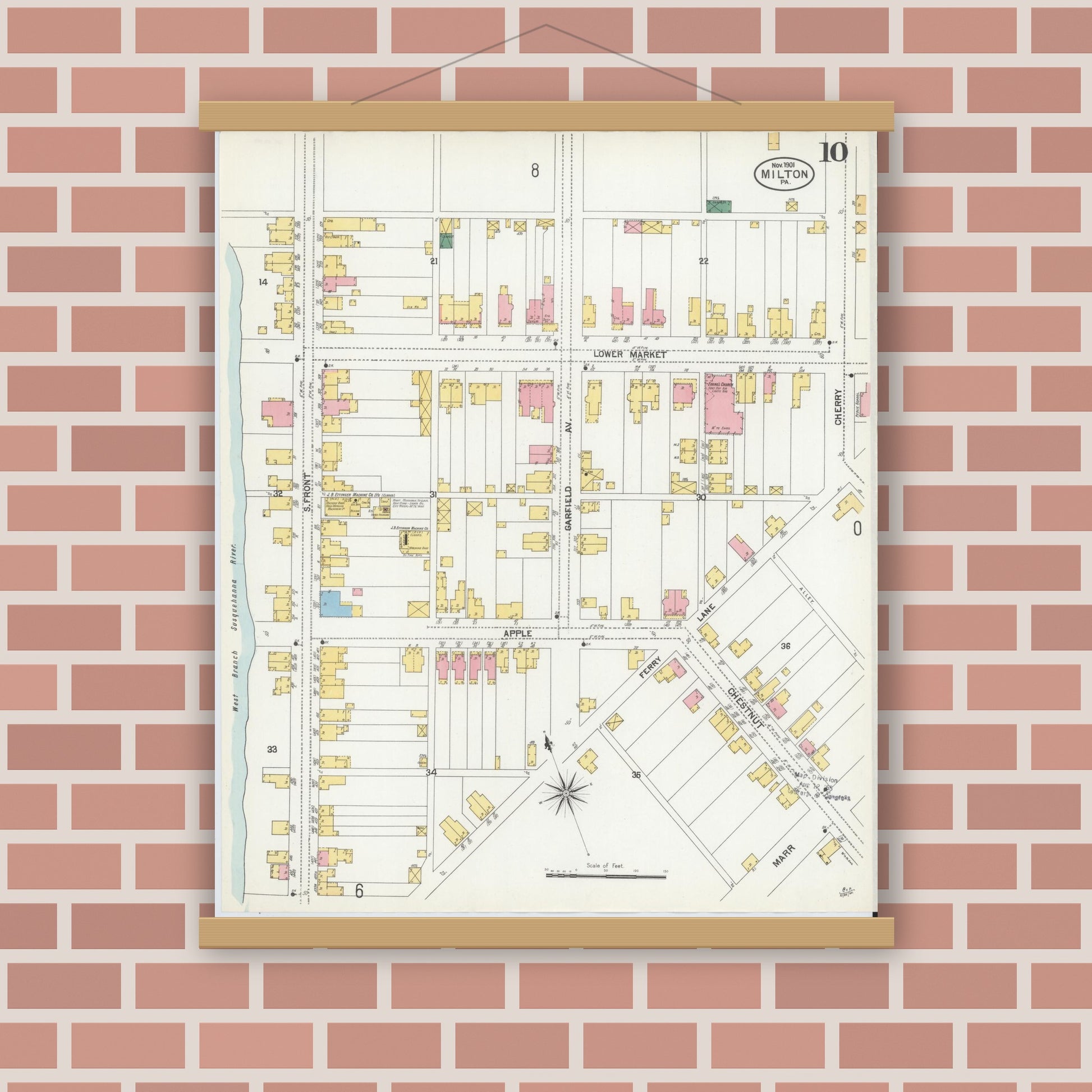 Old map wall art mockup — magnetic wood frame on brick wall — Sanborn Fire Insurance Map from Milton, Northumberland County, Pennsylvania (1901), Sheet #0010