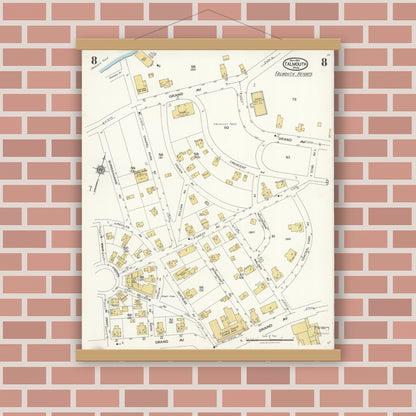 Old map wall art mockup — magnetic wood frame on brick wall — Sanborn Fire Insurance Map from Falmouth, Barnstable County, Massachusetts (1923), Sheet #0008