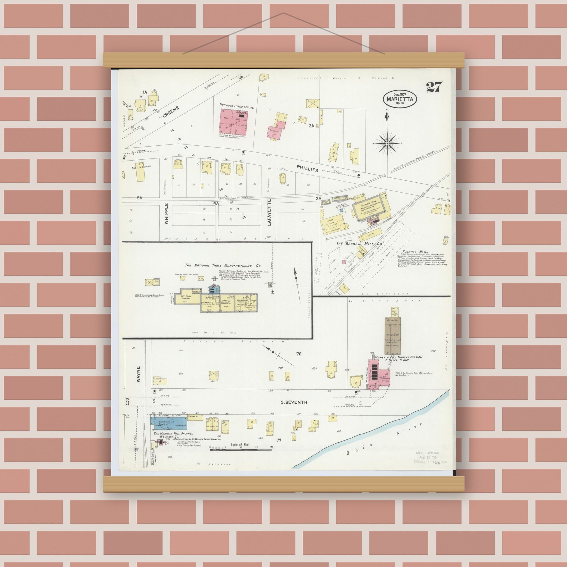 Old map wall art mockup — magnetic wood frame on brick wall — Sanborn Fire Insurance Map from Marietta, Washington County, Ohio (1907), Sheet #0027
