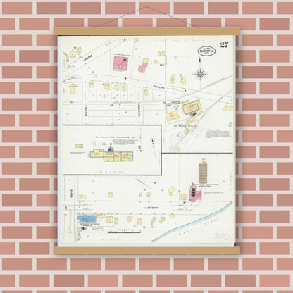 Old map wall art mockup — magnetic wood frame on brick wall — Sanborn Fire Insurance Map from Marietta, Washington County, Ohio (1907), Sheet #0027