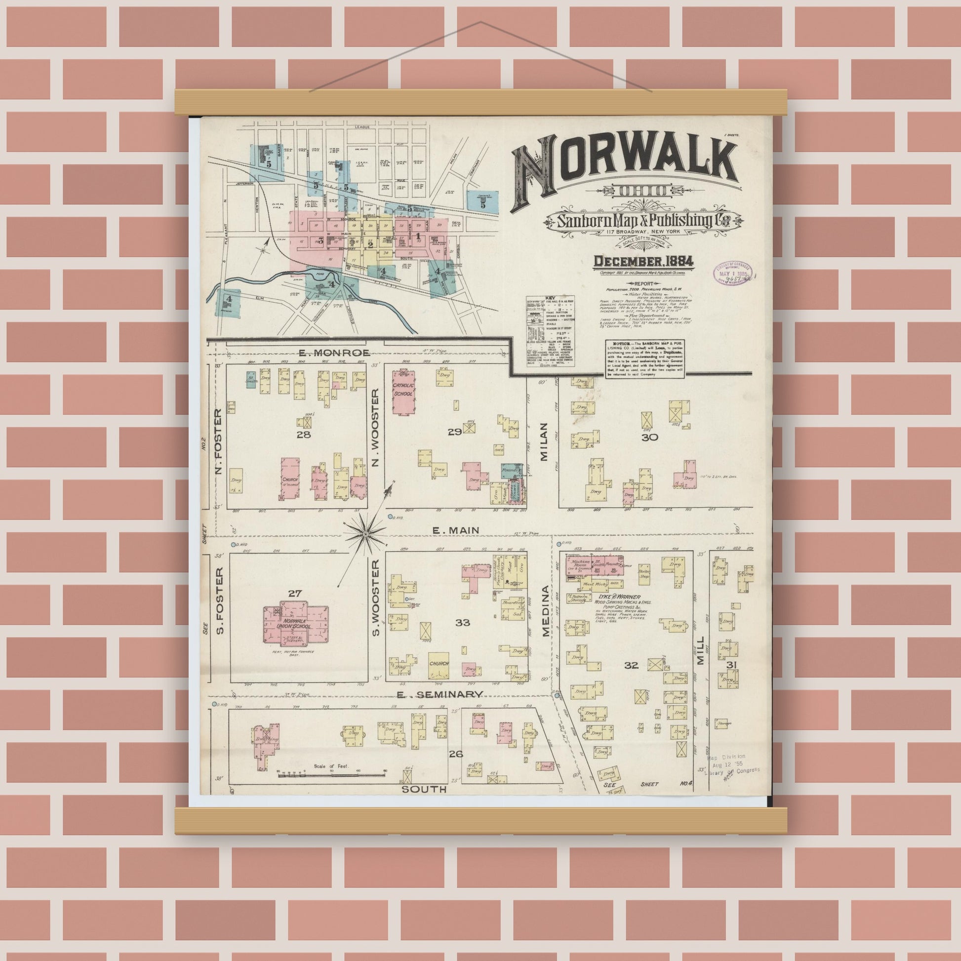 Old map wall art mockup — magnetic wood frame on brick wall — Sanborn Fire Insurance Map from Norwalk, Huron County, Ohio (1884) - Complete Map Set