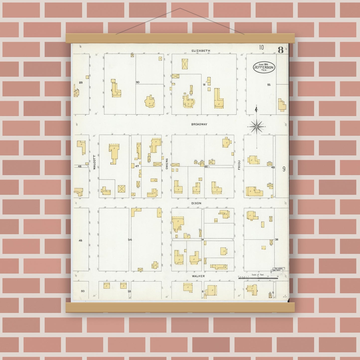 Old map wall art mockup — magnetic wood frame on brick wall — Sanborn Fire Insurance Map from Jefferson, Marion County, Texas (1906), Sheet #0008
