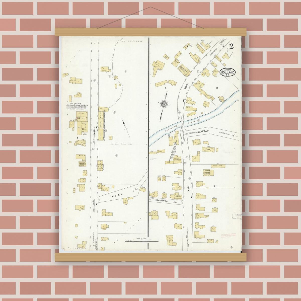 Old map wall art mockup — magnetic wood frame on brick wall — Sanborn Fire Insurance Map from Holland, Erie County, New York (1912), Sheet #0002