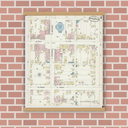 Old map wall art mockup — magnetic wood frame on brick wall — Sanborn Fire Insurance Map from New Philadelphia, Tuscarawas County, Ohio (1887), Sheet #0002
