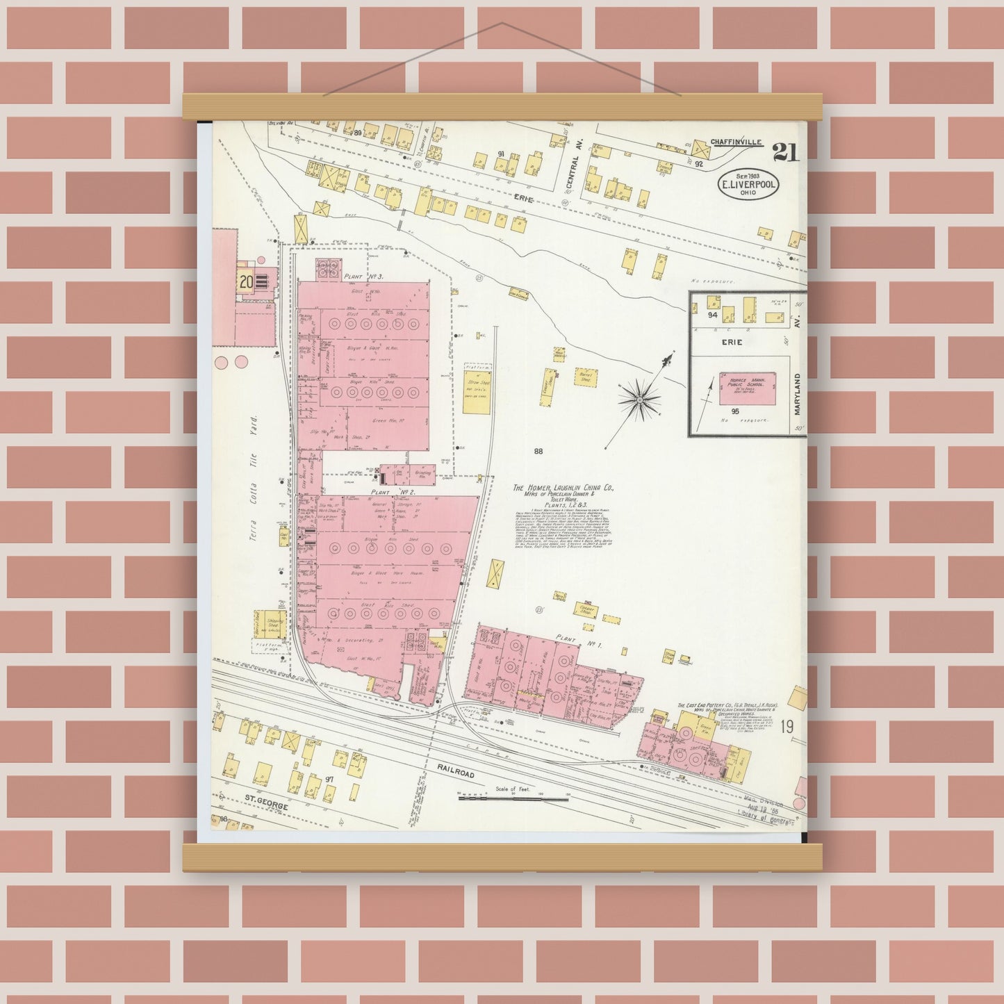 Old map wall art mockup — magnetic wood frame on brick wall — Sanborn Fire Insurance Map from East Liverpool, Columbiana County, Ohio (1903), Sheet #0021