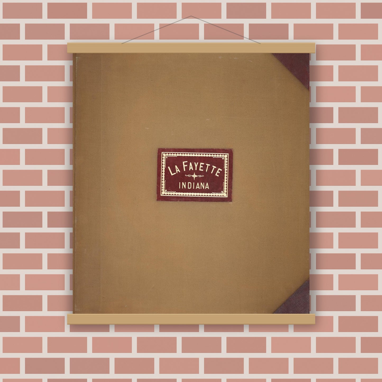 Old map wall art mockup — magnetic wood frame on brick wall — Sanborn Fire Insurance Map from Lafayette, Tippecanoe County, Indiana (1951), Sheet #0001