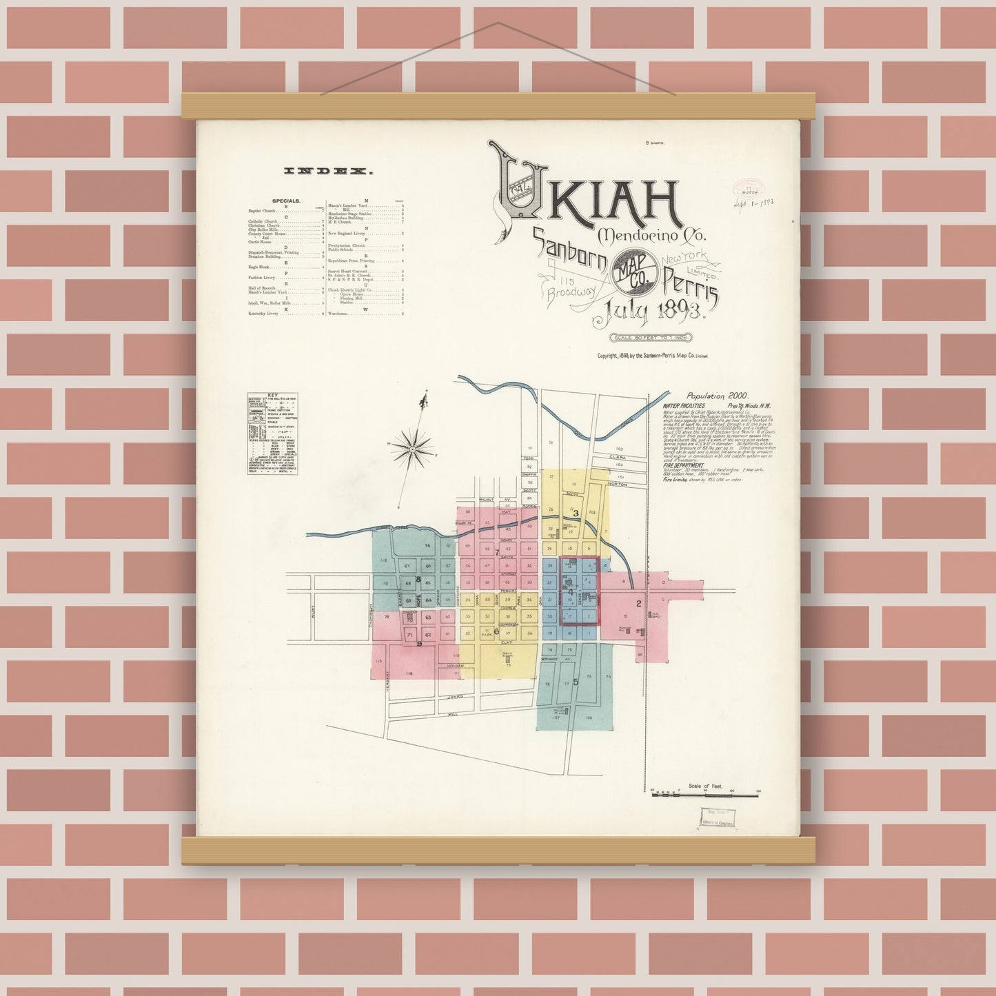 Old map wall art mockup — magnetic wood frame on brick wall — Sanborn Fire Insurance Map from Ukiah, Mendocino County, California (1893) - Complete Map Set