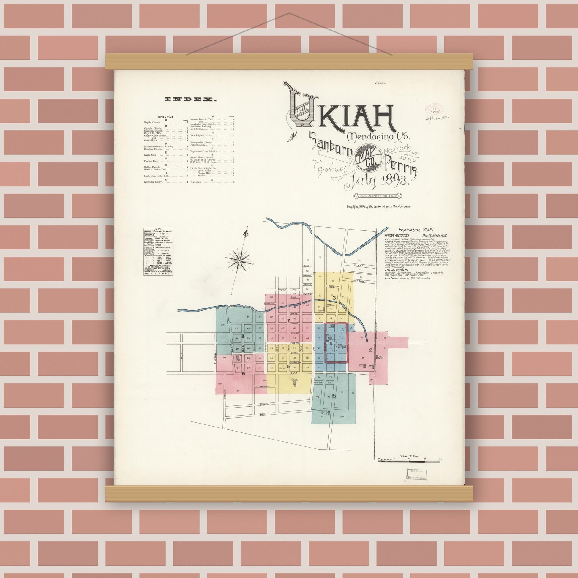 Old map wall art mockup — magnetic wood frame on brick wall — Sanborn Fire Insurance Map from Ukiah, Mendocino County, California (1893) - Complete Map Set