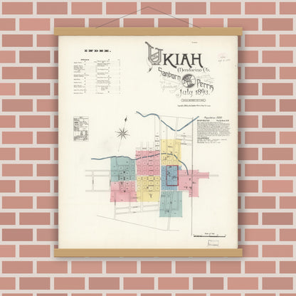 Old map wall art mockup — magnetic wood frame on brick wall — Sanborn Fire Insurance Map from Ukiah, Mendocino County, California (1893) - Complete Map Set