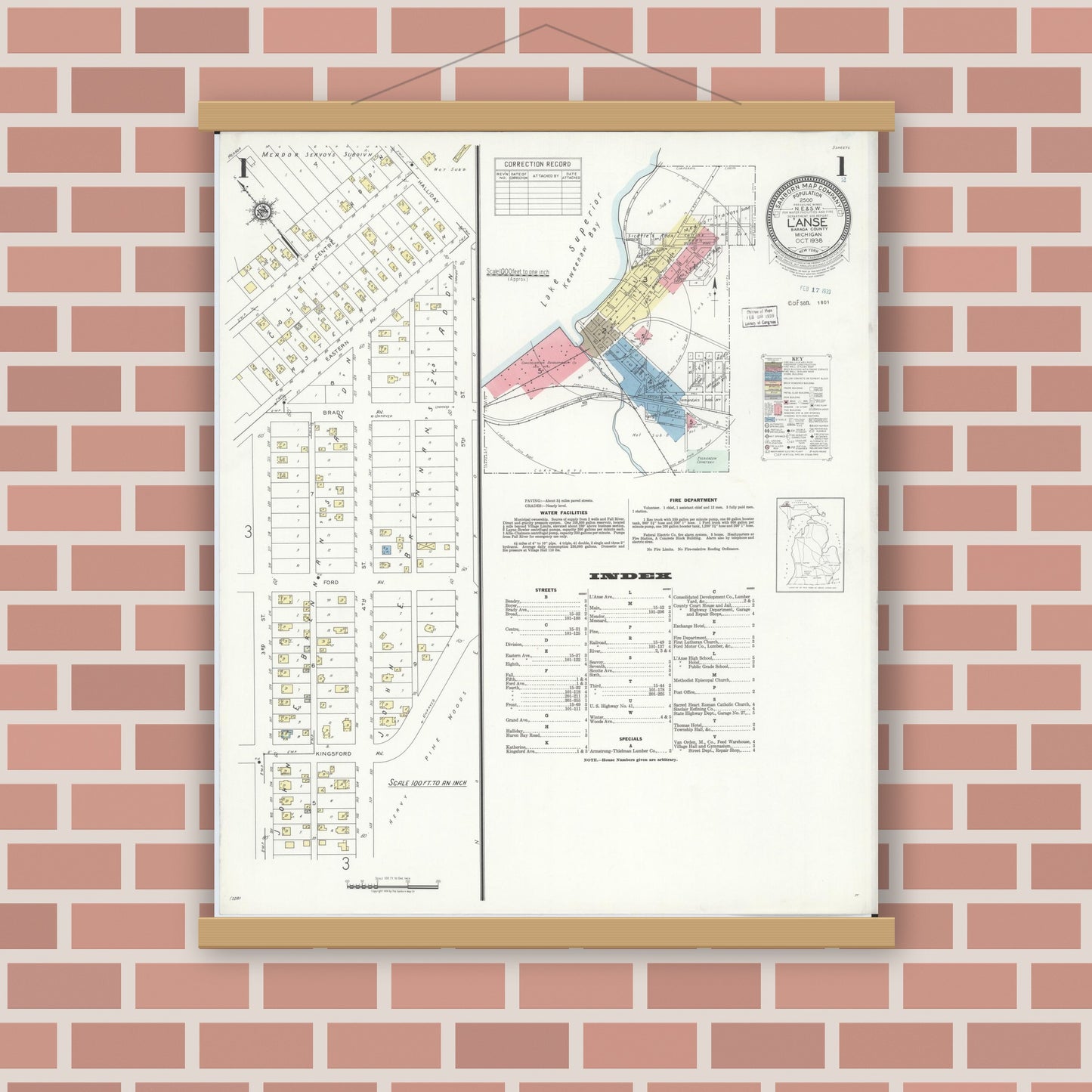 Old map wall art mockup — magnetic wood frame on brick wall — Sanborn Fire Insurance Map from L'Anse, Baraga County, Michigan (1938) - Complete Map Set