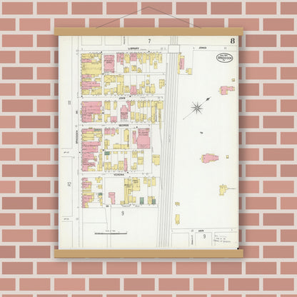 Old map wall art mockup — magnetic wood frame on brick wall — Sanborn Fire Insurance Map from Braddock, Allegheny County, Pennsylvania (1901), Sheet #0008