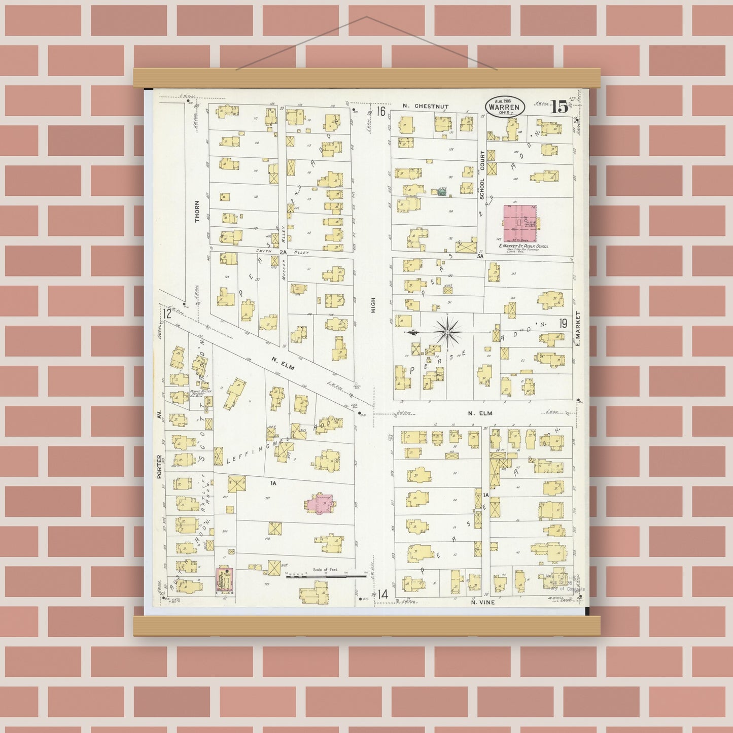 Old map wall art mockup — magnetic wood frame on brick wall — Sanborn Fire Insurance Map from Warren, Trumbull County, Ohio (1908), Sheet #0015