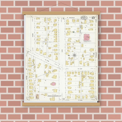 Old map wall art mockup — magnetic wood frame on brick wall — Sanborn Fire Insurance Map from Warren, Trumbull County, Ohio (1908), Sheet #0015