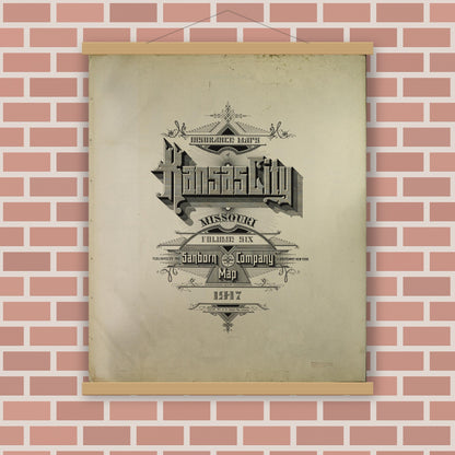 Old map wall art mockup — magnetic wood frame on brick wall — Sanborn Fire Insurance Map from Kansas City, Jackson, Clay, And Platte Counties, Missouri (1917), Sheet #0001